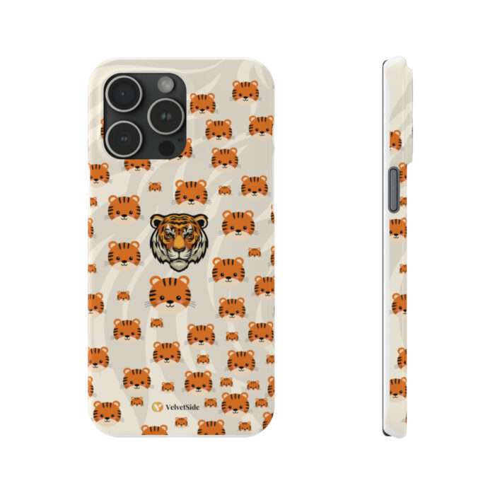 Slim phone case with tiger art on velvet side and glossy premium finish.