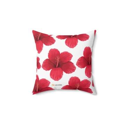 Square pillow with hibiscus flower design and velvet side, made of spun polyester fabric.