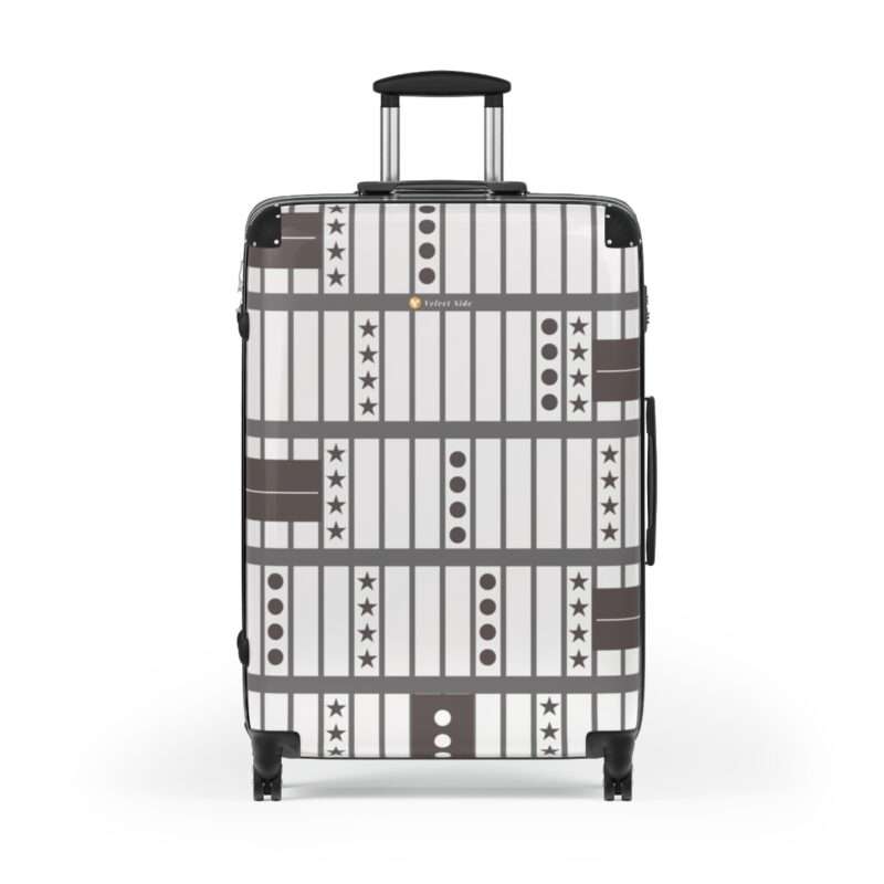 Travel suitcases with adjustable handle, 360-degree swivel wheels, safety lock, and high-resolution canvas prints on PC shell.