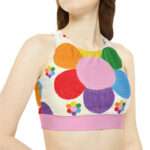 Petite women's sporty full-coverage bikini set featuring colorful design and velvet side accents.