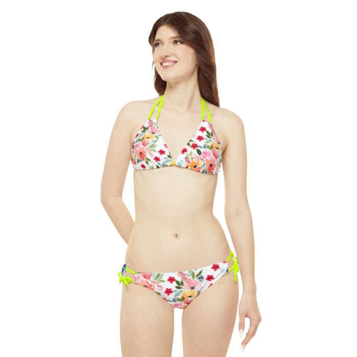 Strappy bikinis for petite women, showcasing VelvetSide fabric and colorful all-over print, perfect for beach days.