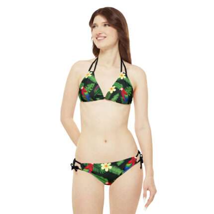 Trendy women's summer swimwear bikinis displayed on a beach background.