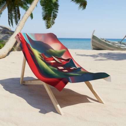 Beach cotton loop towel featuring high graphic art of a red painted cottage on a remote island