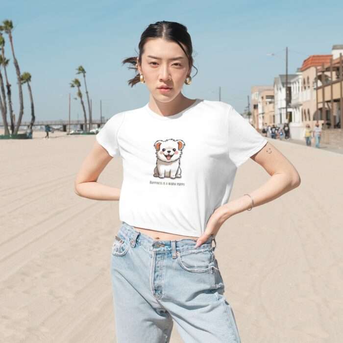 Women's flowy cropped tee with "Happiness is a Warm Puppy" VelvetSide